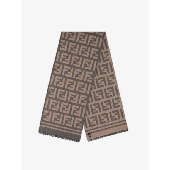 FENDI Gray & Sand Wool Silk FF Motif Scarf NWT Fringe Wrap 180x35cm (71x14in) - Picture 1 of 11